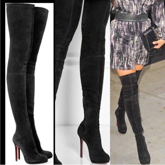 Christian Louboutin Black Suede leather Monica OTK thigh high boots EU 38.5 - Picture 1 of 15